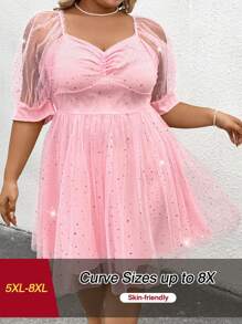 SHEIN CURVE+ Plus Size Sweetheart Neck Cinched Waist A-Line Mesh Dress, Suitable For Valentine's Day - Pink - View 1