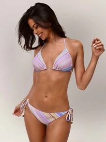 Forever 21 彩色条纹女士比基尼套装，春季休闲沙滩装，夏季度假装 - 彩色 - 查看 3