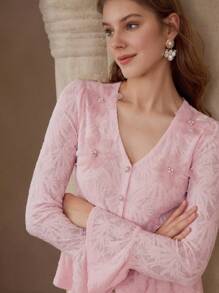 MOTF PREMIUM 贴花荷叶边下摆衬衫 - 粉色 - 查看 3