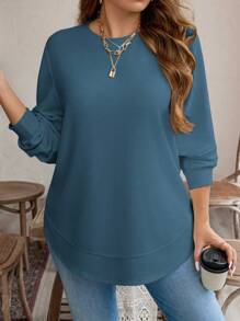 SHEIN LUNE Felpa di colore unito minimal per donna taglie comode, a maniche lunghe, adatta per uso quotidiano, essenziale per vacanze e casual d' - blu polveroso - Visualizzare 1