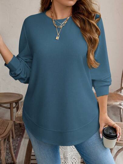 SHEIN LUNE Plus Size Women's Solid Color Minimalist Long Sleeve Sweatshirt For Daily Wear Everyday Wear,Essentials Holiday Business Casual Sweatshiirt Graduation,Back To School Outfits,Graduation,Teacher Outfits For Women,Back To School Winter Fall Autumn