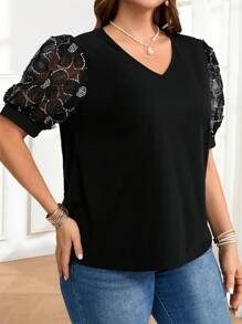 EMERY ROSE 大码休闲/通勤亮片花朵和网眼拼布 T 恤春季服装女士新娘送礼会礼服白色优雅