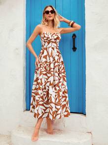 Vivid Eden Robe bandeau imprimée de plantes décontractée de vacances pour femmes - Kaki - Voir 5