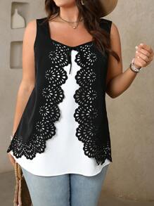 EMERY ROSE Blusa de talla grande, elegante camisa de línea A con dobladillo fruncido en color block negro y blanco