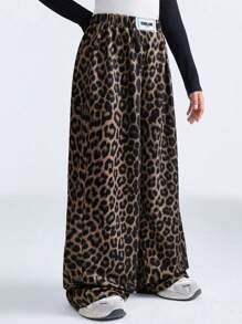 SHEIN Tween Girls Spring/Summer Leopard Brown Baggy Wide Leg Sweatpants - Brown - View 4