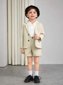 SHEIN 2pcs Young Boy British Gentleman Suit Set, Long Sleeve Blazer And Shorts, Fashion Outfit For Birthday Party, Banquet, Wedding, Baptism Anniversary - Khaki - View 7