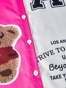 SHEIN Mädchen Tweens Slogan Cartoon Bär Kurzarm Hemd mit Knopfleiste - Pink - Übersicht 3