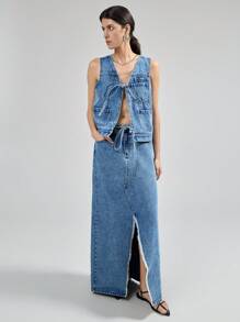 Ontre Women Denim Sleeveless Fitted Vest, Blue - Medium Wash - View 7