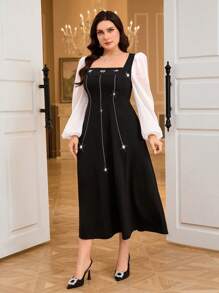 Modelyn Plus Size Elegant Party Color Block Embellished With Rhinestones Dress - Black and White - View 4