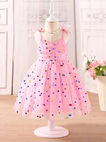 SHEIN Girls' Pink Mesh Polka Dots Princess Dress, Party Pageant Ball Gown Tulle Formal Dress Suitable For Birthday Party, Photoshoot, Outdoor Activities, Weddings (Fits 4-7Y Young Girl) - Pink - View 3