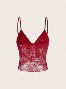 SHEIN ICON 优雅性感纯色透明蕾丝细肩带吊带背心 - 酒紅色 - 查看 2