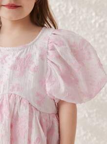 Blossori Abito elegante con maniche a palloncino, scollo tondo, vita segnata e gonna a-line per ragazze, in stile francese rosa intrecciato, adatto per primavera/estate - Rosa - Visualizzare 6