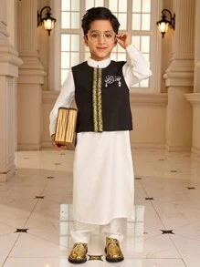 SHEIN 2pcs Muslim Kid Outfit - Shirt And Vest Set, Little Gentleman Muslim Boys White Robe Suit, Muslim Stand Collar Shirt For Boys Aged 4-7 Years