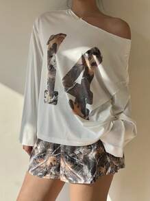 Aloruh 2pcs/Set Women Open Shoulder Long Sleeve Top And Shorts - Multicolor - View 6