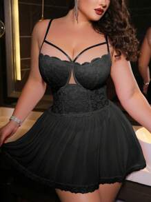 SHEIN 大码女式撞色蕾丝吊带背心性感内衣（带钢圈 + 蕾丝） - 黑色 - 查看 3