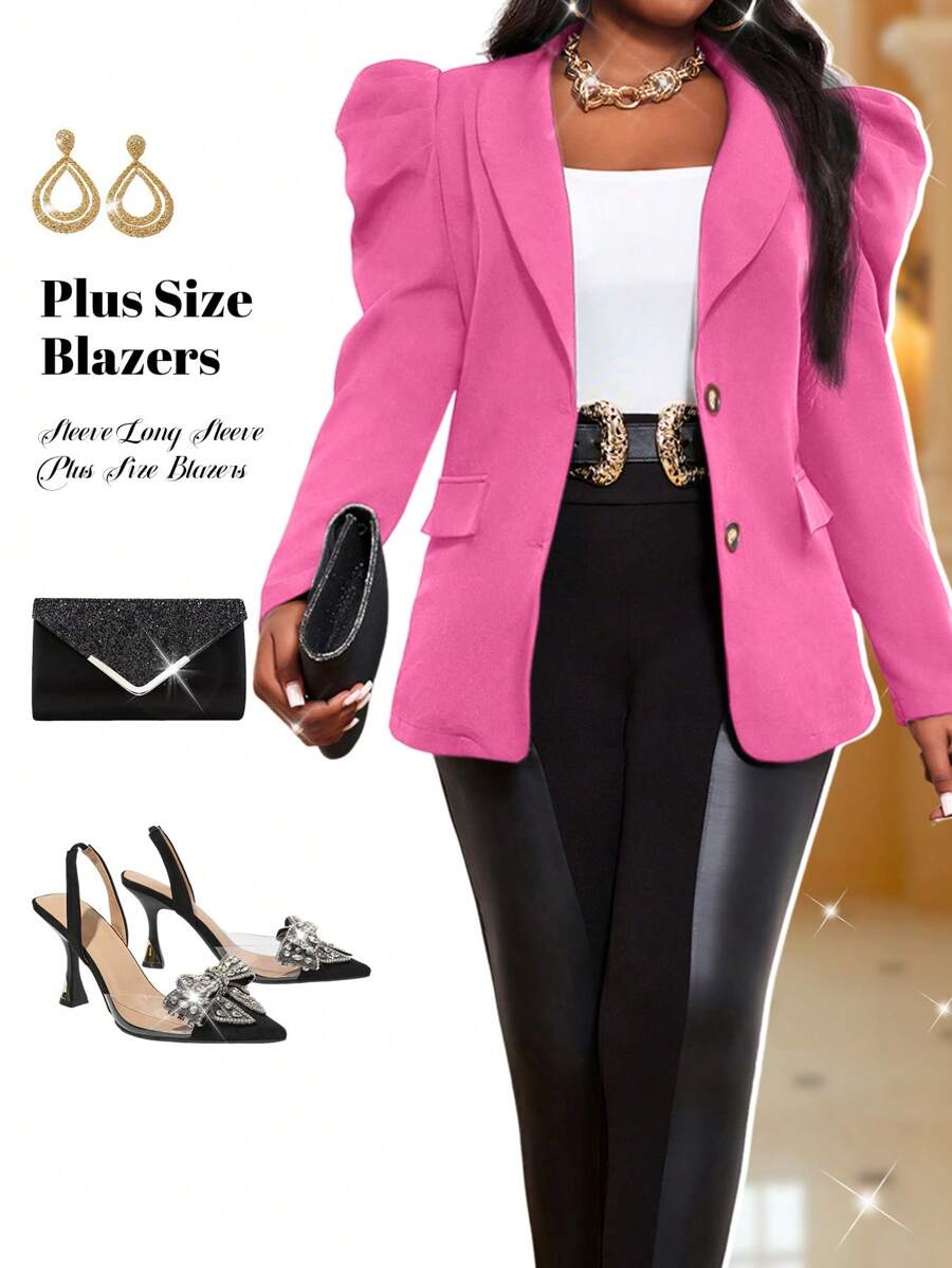Fleurora Autumn And Winter Casual Black Woven Lapel Leg-Of-Mutton Sleeve Long Sleeve Plus Size Blazers - Hot Pink - View 1