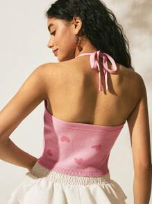 Easelle 1pc Women's Pink Heart Pattern Front Tie Neck Knitted Top - White - View 2