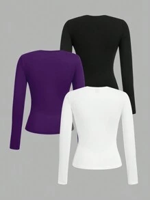 SHEIN EZwear 3 件套女士休闲圆领长袖紧身长款 T 恤，适合春秋季