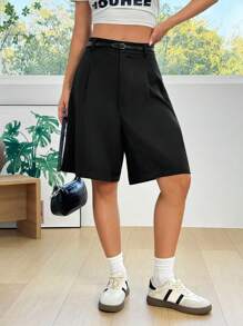 SHEIN EZwear Quần short Bermuda dệt rộng màu đen có thắt lưng - màu đen - Xem 4