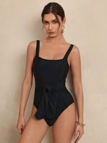 SHEIN Swim Retro Solid Color Square Neck One-Piece Swimsuit, For Summer Beach Vacation - Black - View 5