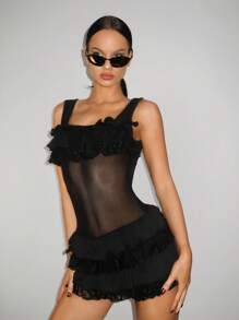 SHEIN ICON Backless Tie-Up Waist Ruffled Ballet Dress With Frill Trim - Black - View 1