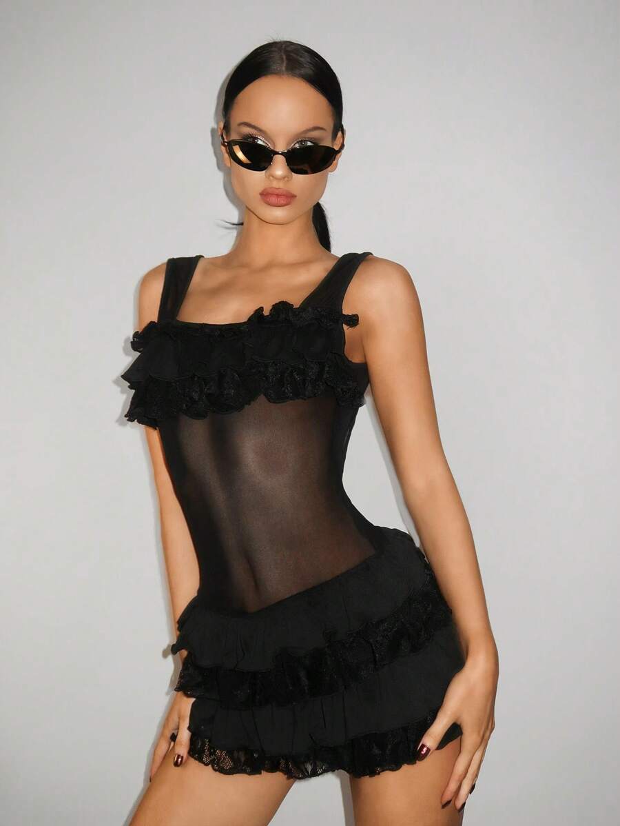 SHEIN ICON Backless Tie-Up Waist Ruffled Ballet Dress With Frill Trim - Black - View 1