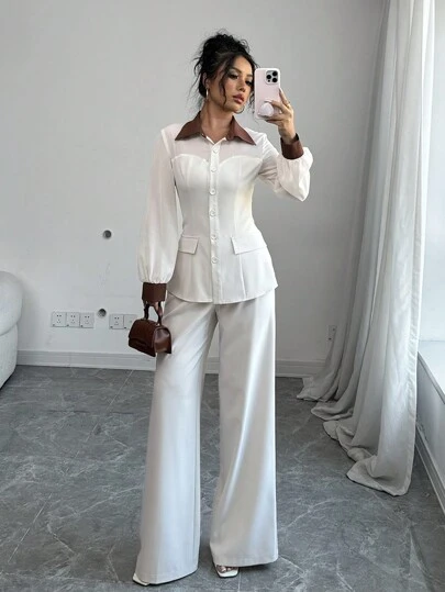 Chiquease Early Spring New Product, Dark And Light Contrast Color, Color Matching Chiffon Semi-Transparent Pig Nose Buckle On The Upper Body, Fake Pockets, Fit, Casual Straight, Can Be Worn Alone With Wide-Leg Pants, Fashionable And High-End Elegant Women's Old Money Style Two Pieces Suit Pants Suits For Wedding