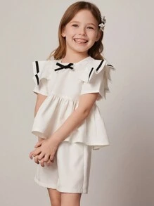 PrepCrw 少女学院风白色编织领上衣和短裤套装，春夏 - 白色 - 查看 1