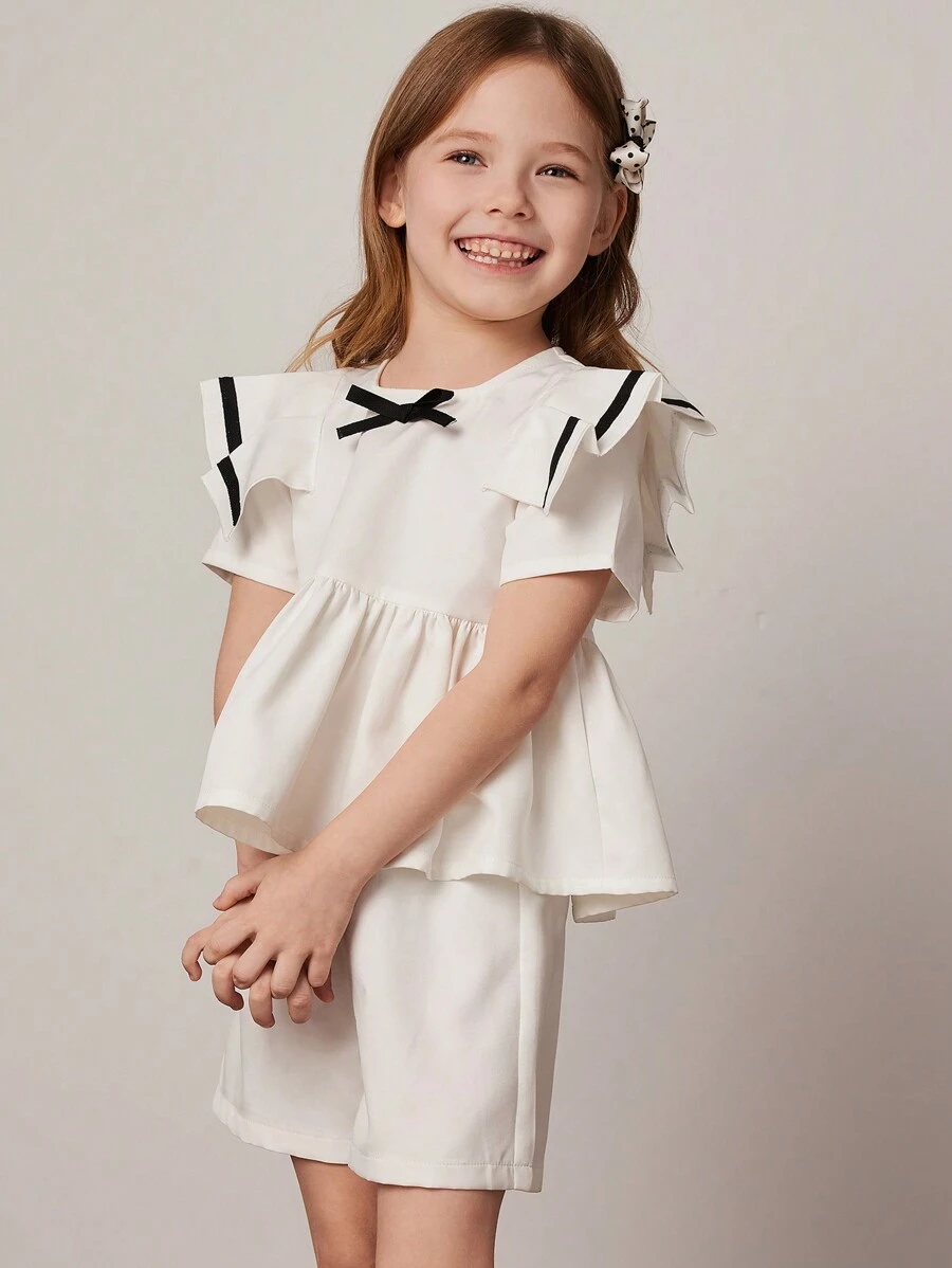 PrepCrw 少女学院风白色编织领上衣和短裤套装，春夏 - 白色 - 查看 1