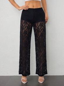 SHEIN PETITE Women's Solid Color Lace Sheer Long Pants - Black - View 2