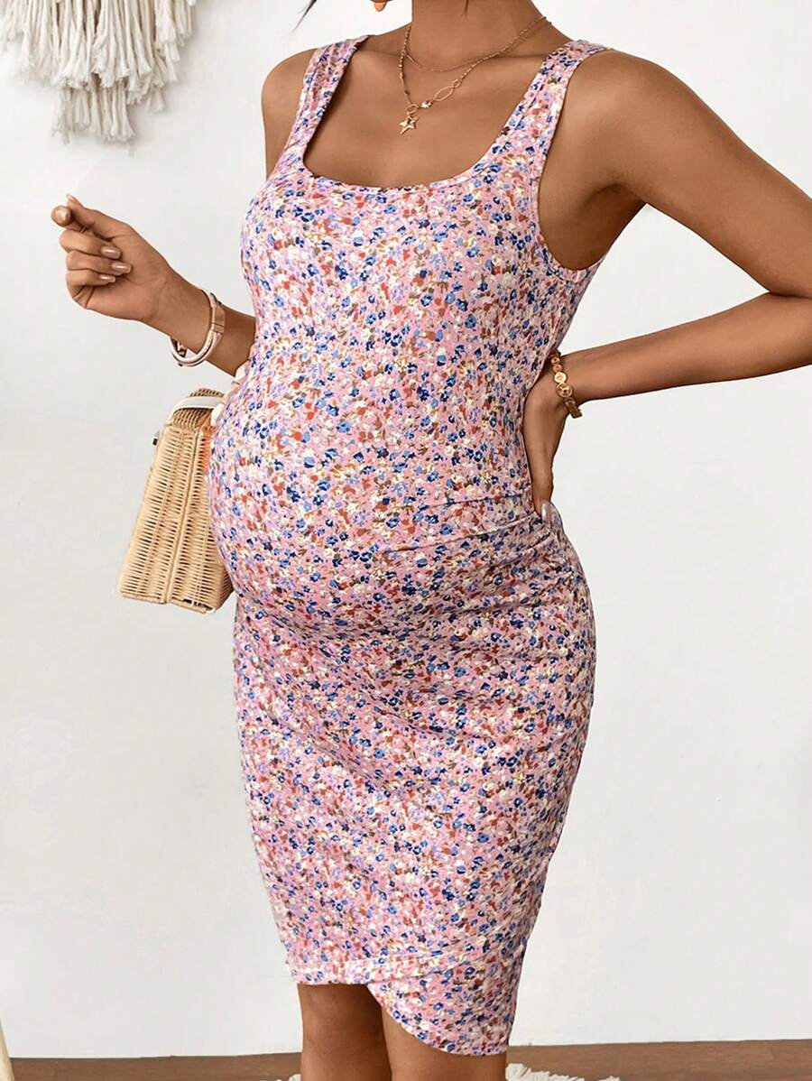 SHEIN 孕妇休闲碎花印花背心紧身连衣裙 - 粉色 - 查看 1