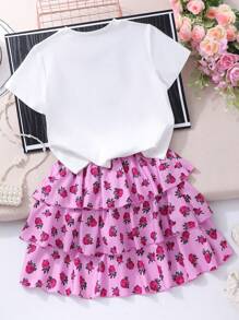 Tween Girls Summer Cute Lantern & Girl Print T-Shirt With Fuchsia Ruffle Cake Skirt Set,Holiday,Summer,Travel - Hot Pink - View 3