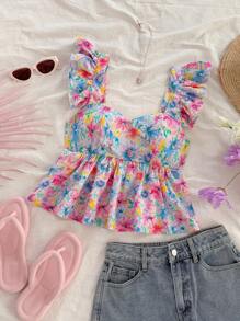 Soleia 女士度假彩色水彩花卉田园休闲年轻女孩风方领盖袖收腰 A 字衬衫，适合聚会、约会、下午茶 - 彩色 - 查看 4