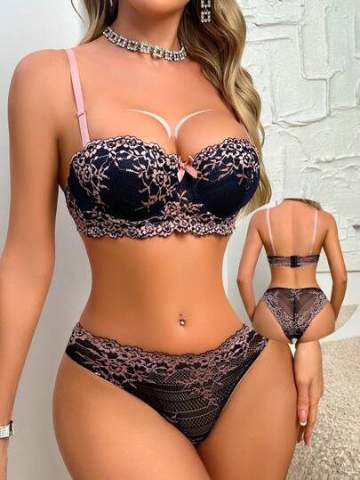SHEIN Conjunto de lencería de moda con detalles de encaje y lazo floral para mujer