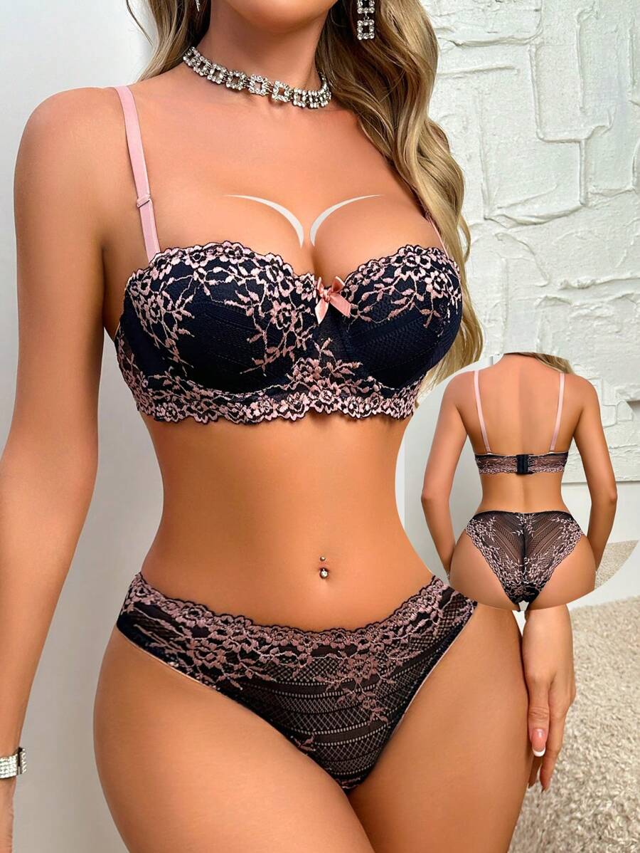 SHEIN Bộ đồ lót thời trang ren hoa đính nơ cho nữ - Hồng - Xem 1