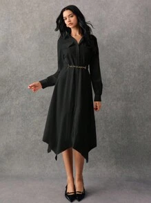 Poéselle Women Solid Color Roll Tab Sleeve Shirt Dress - Black - View 3