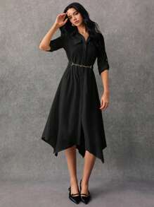 Poéselle Women Solid Color Roll Tab Sleeve Shirt Dress - Black - View 7