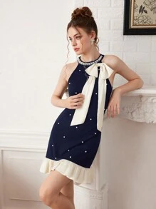 SHEIN MOD 女式海军蓝迷你连衣裙，搭配米色蝴蝶结和珍珠装饰，冬季短裙，正式礼服，节日礼服，圣诞派对礼服，新年前夜礼服 - 藏蓝色 - 查看 2