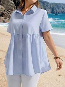 Rosumi 大码开领条纹休闲衬衫，简约时尚，适合日常穿着，夏季女装，波西米亚风，春季，度假风。 - 藍白色 - 查看 4