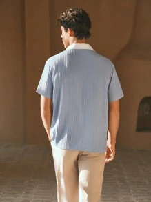 HIMLAND Men's Woven Casual Regular Fit Short Sleeve Polo Shirt, Old Money - Blue - View 4