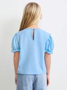 SHEIN Blusa casual con cuello redondo, mangas de farol y detalles de volantes en azul para niñas jóvenes, estilo mori para primavera - Azul - Ver 2