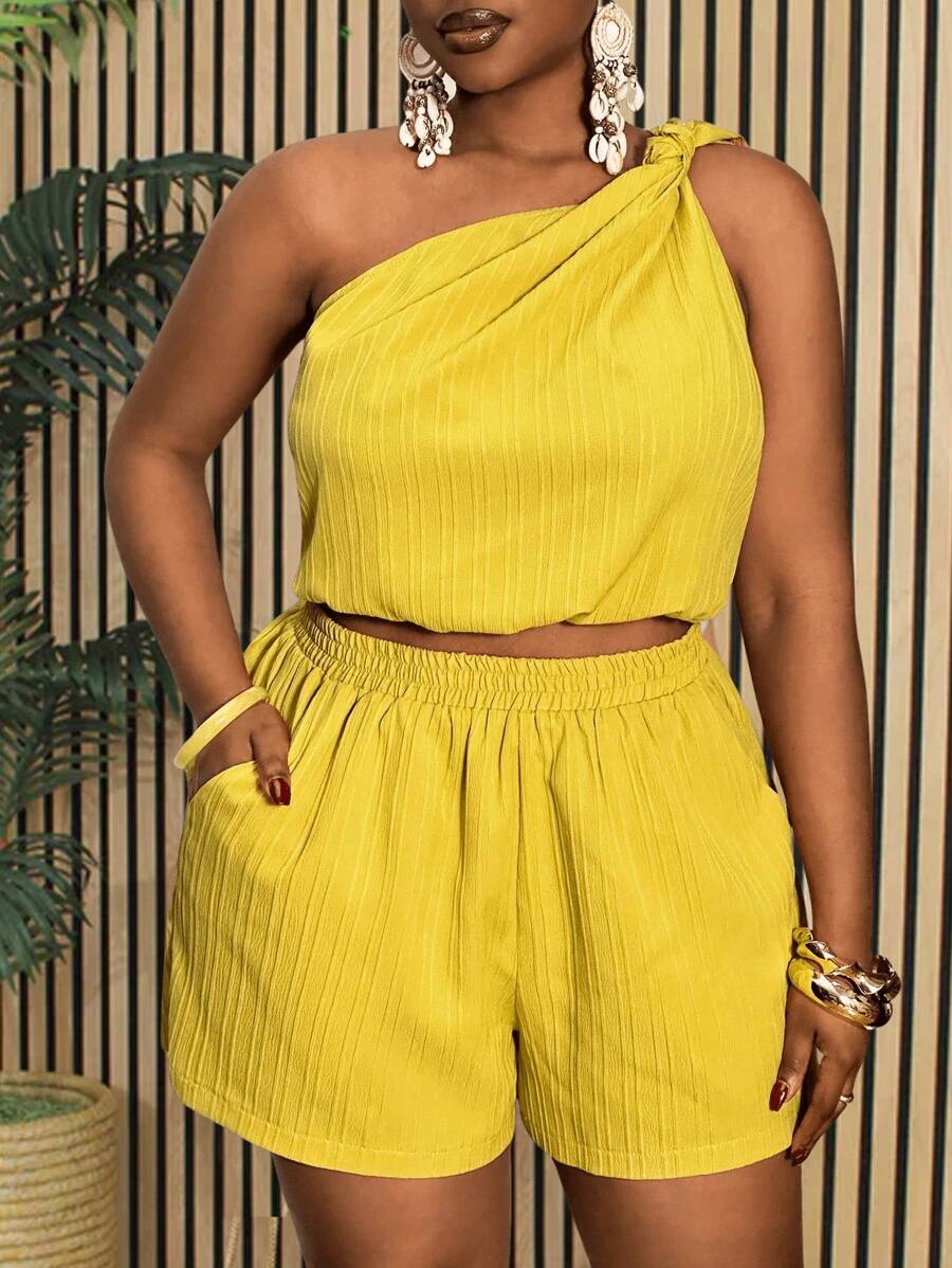 Slaydiva 休闲/假日纯色无袖扭纹下摆短款上衣和短裤套装，编织纹理面料，加大码女装 - F