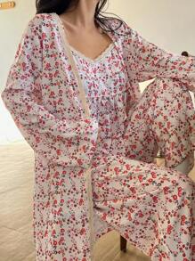 DAZY 3pcs Vacation Ditsy Floral Splice Wrap Robe, Cami Top And Loose Pants Sleepwear Set