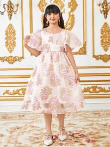 SHEIN Leap Crew Vestido midi de jacquard floral con cuello redondo y ribete de volantes elegante para niña preadolescente - Rosa - Ver 2