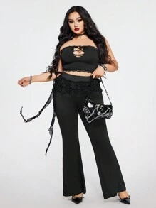 SHEIN ICON Plus Size Black Lace Ruffle Hem Flare Pants - Black - View 7