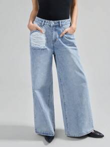 Ontre Women's Blue Jeans Low Rise Ripped Jeans Wide Leg Pants Spring And Summer Pants - Light Wash - View 2