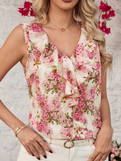 SHEIN Clasi Women's Ruffle Trim Ditsy Floral Sleeveless Shirt, Romantic Vacation Boho Summer,Easter Women,Boho,Concert Women, Blouse Boho Summer,Rave Festival,St Patrick Day,Saint Patrick,Ibiza Fits,Summer For Women,Spring Break,Summer,Beach,Country Concert,Casual Vacation Rave Festival,Floral Blouse