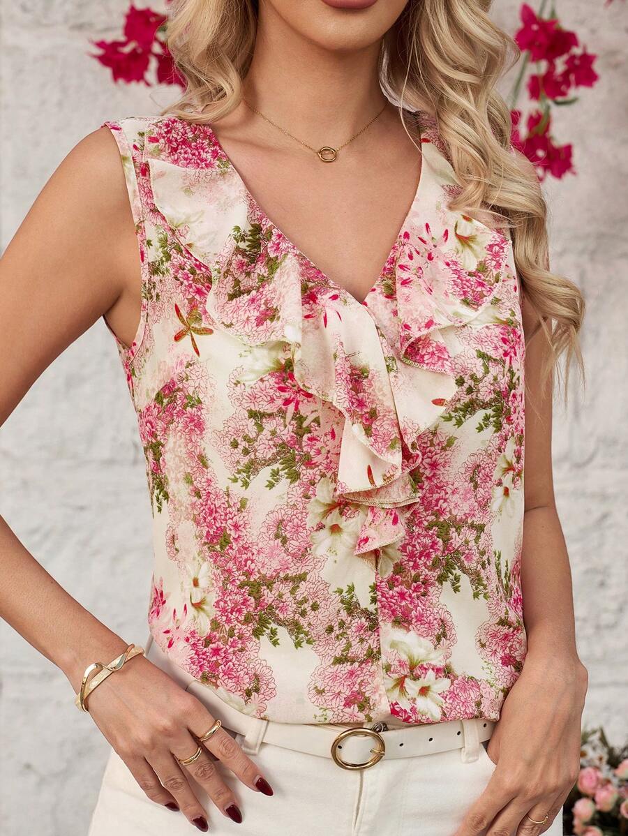 SHEIN Clasi Camicetta da donna con rifiniture arricciate e motivo floreale ditsy, per vacanze romantiche in stile boho, adatta per pasqua, stile boho, concerti, estate boho, festival rave, San Patrizio, San Patrizio, Ibiza, estate, primavera, estate, spiaggia, concerti country, vacanze casual, festival rave, blusa floreale