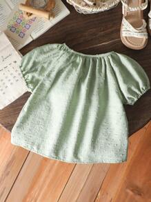 SHEIN Young Girl Ruffle Trim Bow Decor Short Puff Sleeve Shirt - Multicolor - View 2
