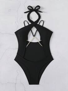 SHEIN Swim Luksusowy seksowny Hollow Solid Color Halter Pearls Decor jednoczęściowy kostium kąpielowy, letni strój na plażę dla kobiet